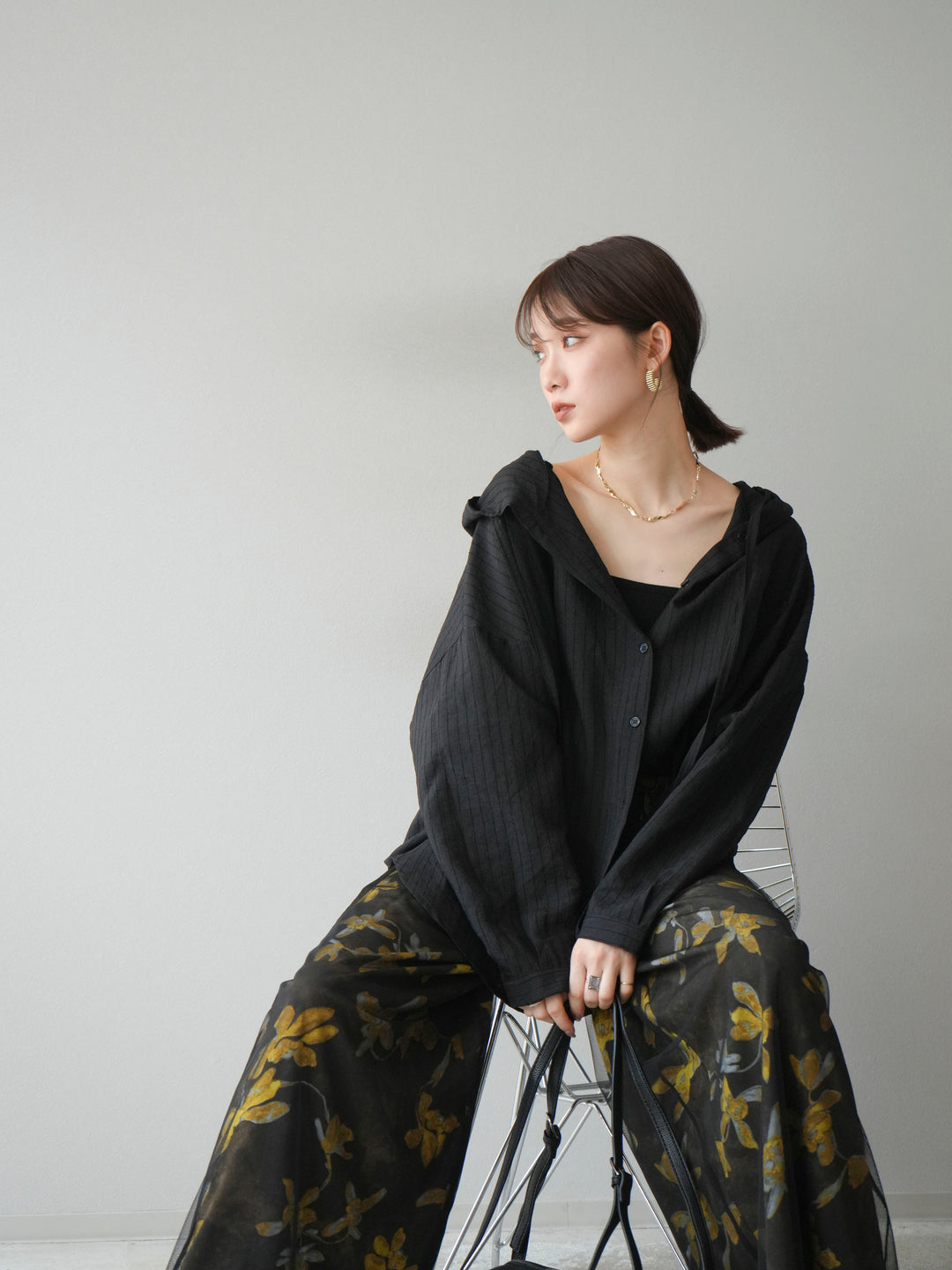 [予約]ワッシャーストライプフーディーシャツ/ブラック