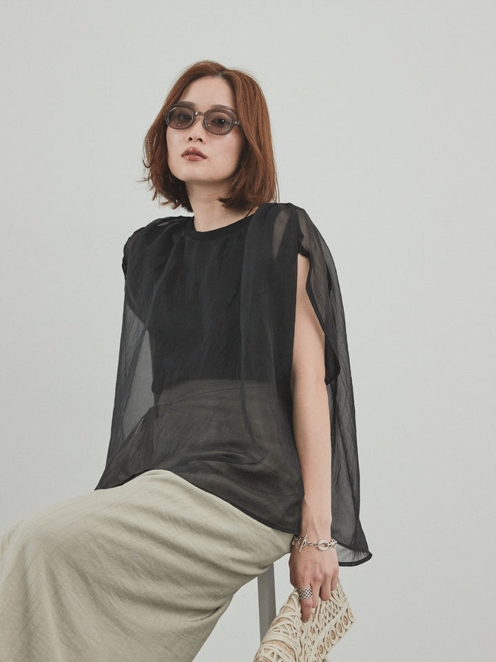 [SET]コンパクトスムースシアーレイヤードトップス+ワッシャーサテンレイヤードスカートパンツ(2set)