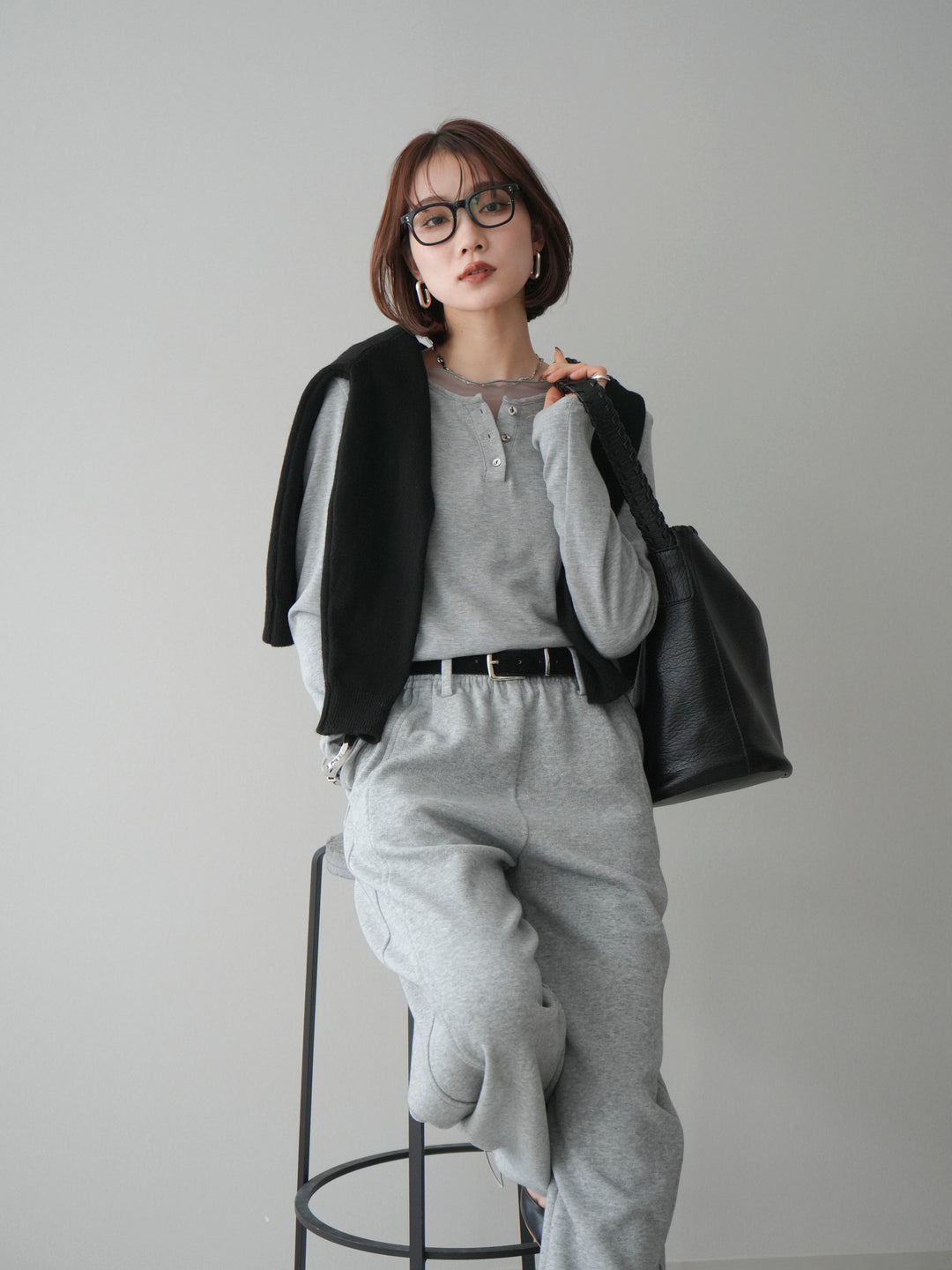 [予約]チュールレイヤードヘンリーネックカットソー/gray