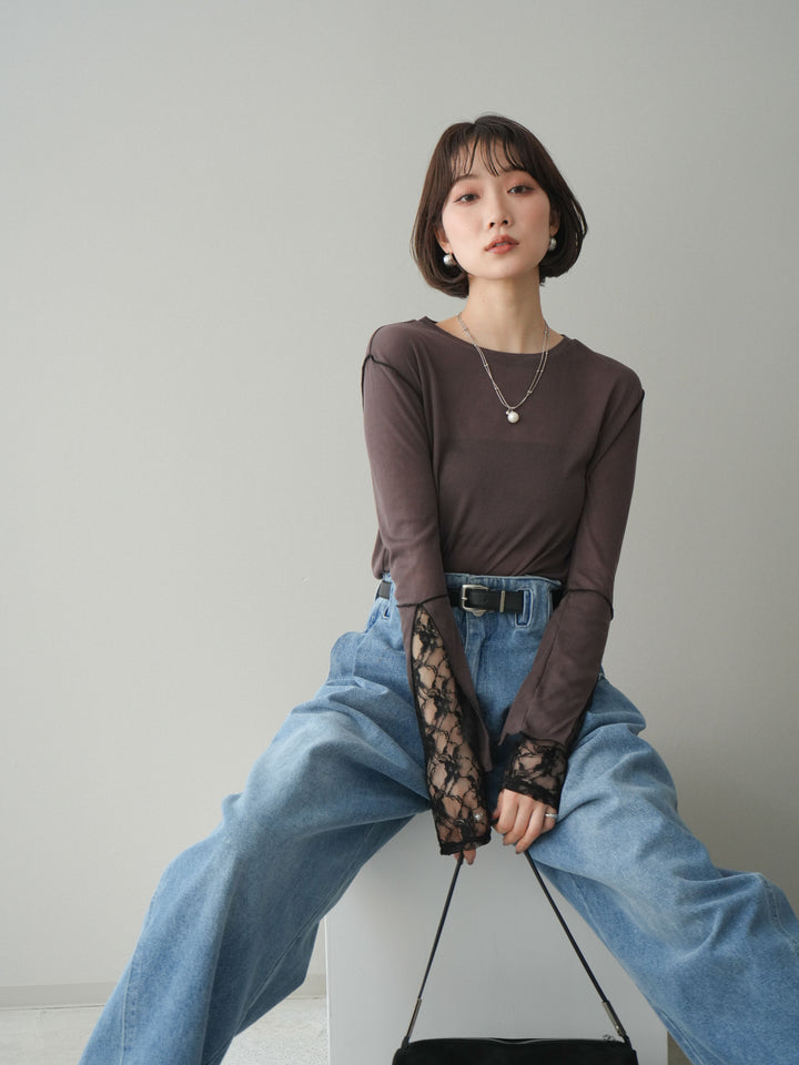 [SET]袖レースレイヤードデザインメロートップス+ハイウエストベルトループデザインデニムパンツ(2set)