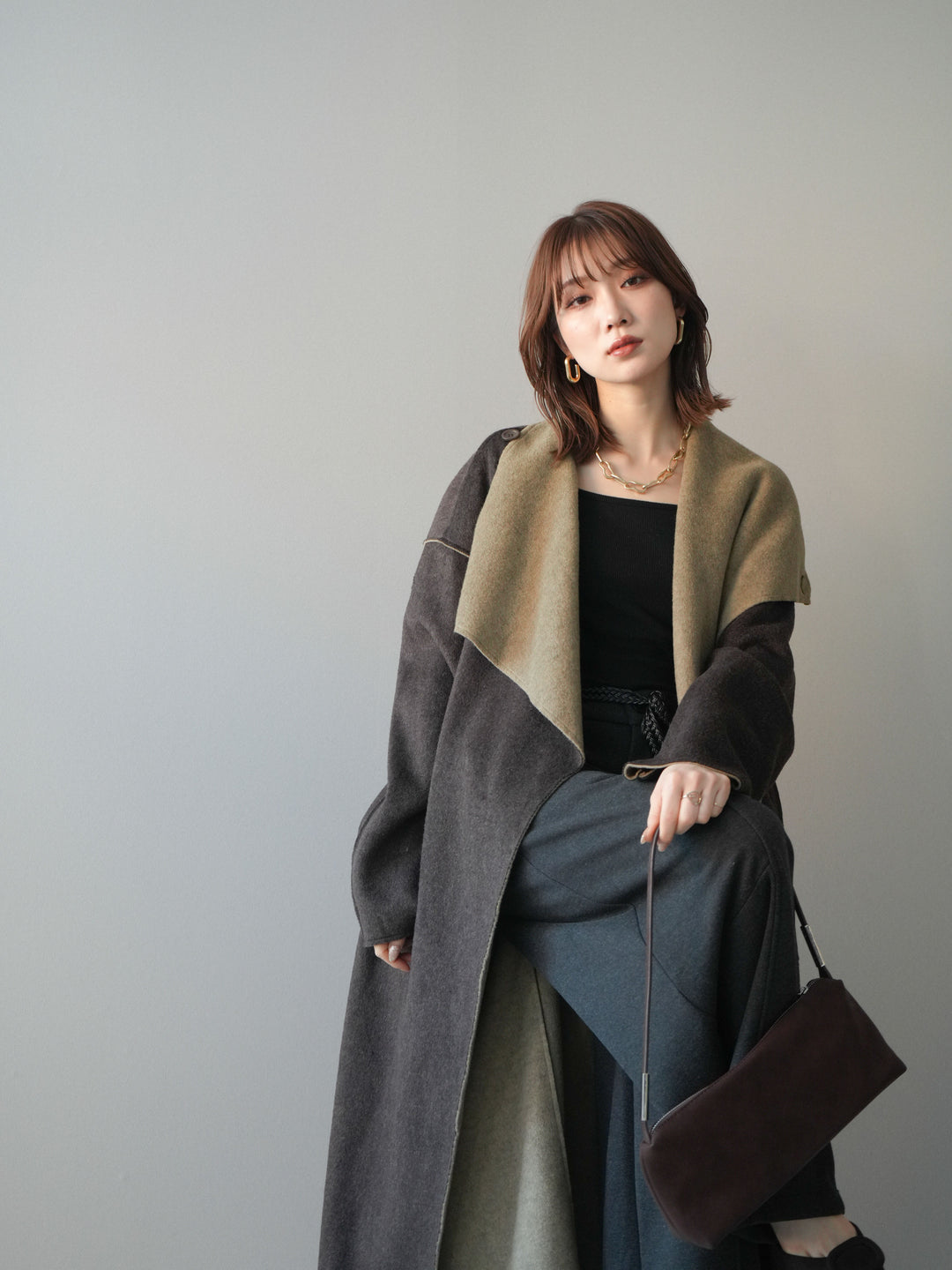 [予約]ダブルフェイスバイカラーロングコート/khaki
