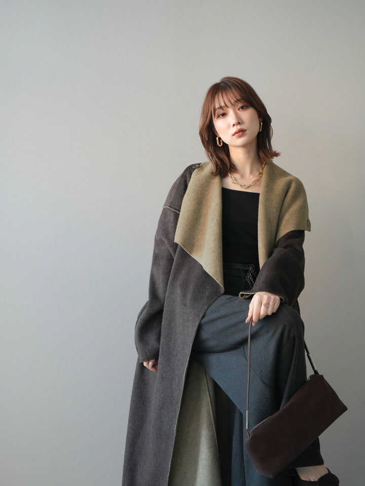 [予約]ダブルフェイスバイカラーロングコート/khaki