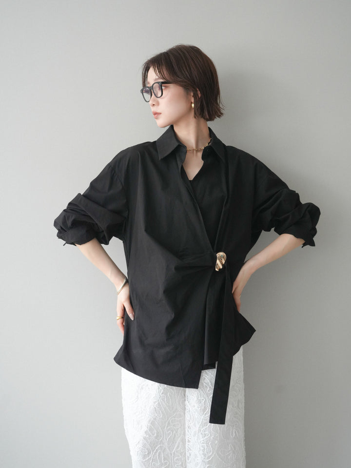 [SET]メタルパーツドレープシャツ+シアーコードレースイージーパンツ(2set)