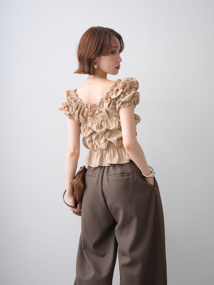 [予約]半袖シャーリングフリルブラウス/beige