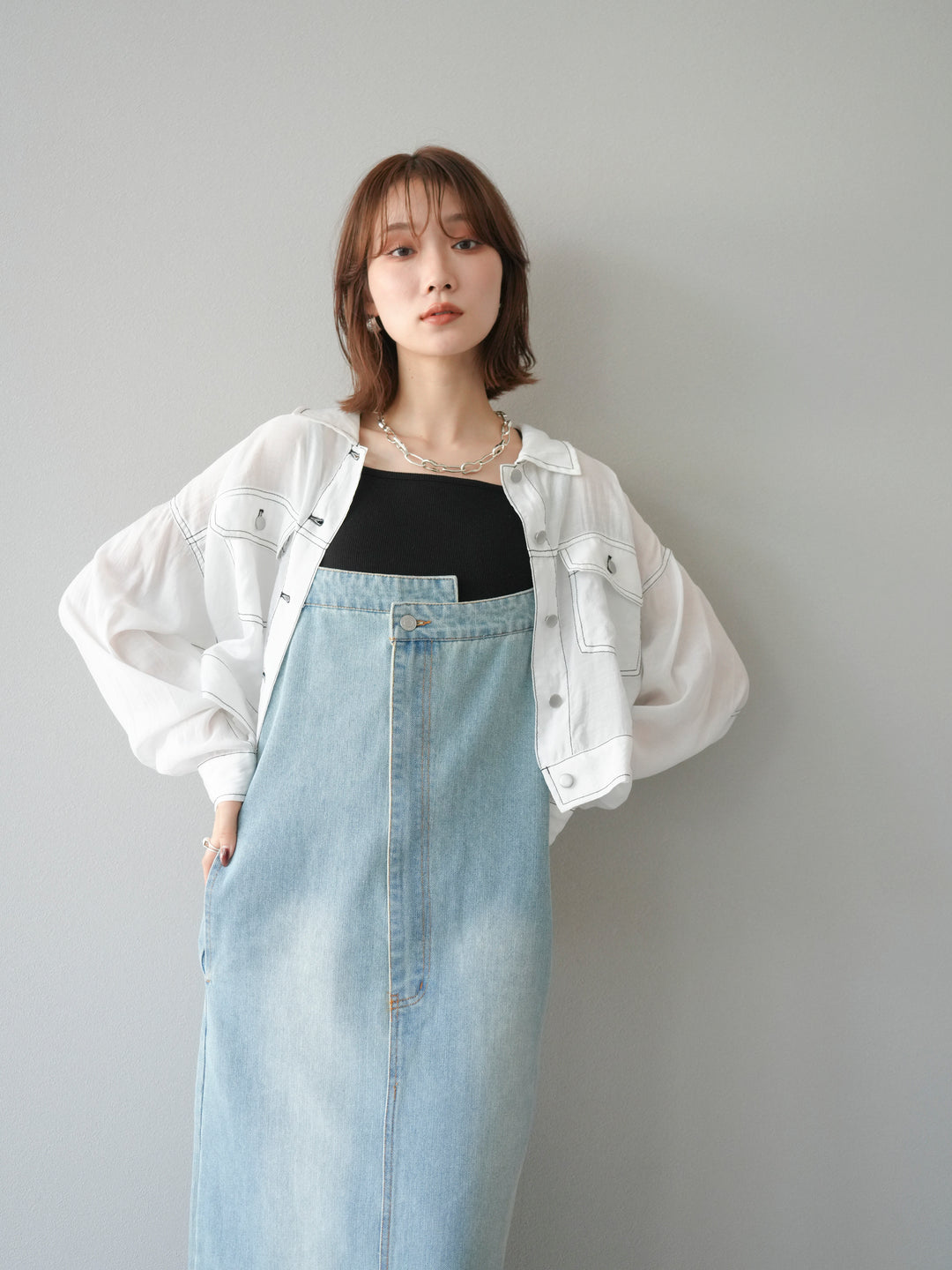 【預購】不對稱牛仔洋裝/奶白色