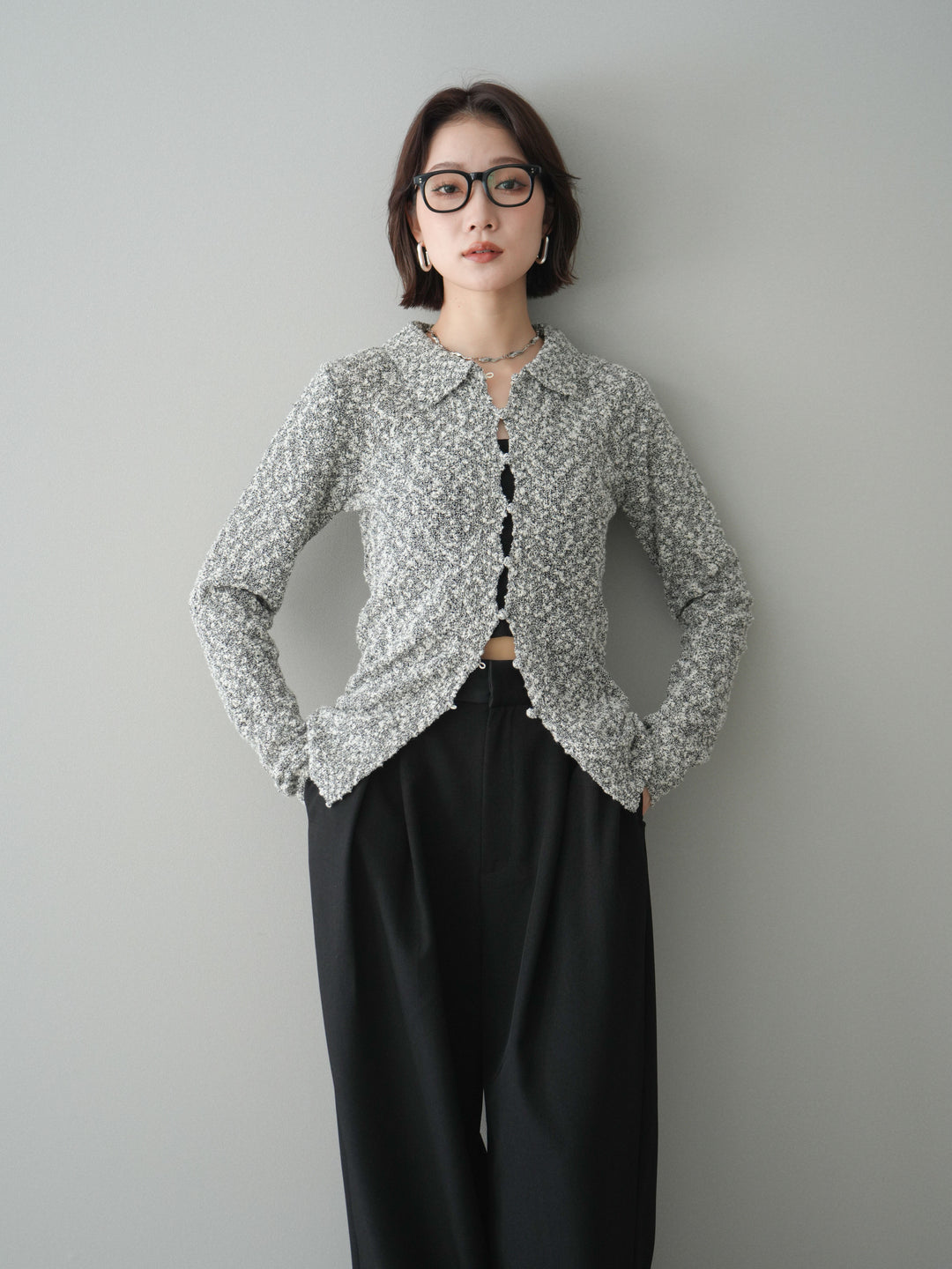 [予約]透かし編みブークレポロニットトップス/mix