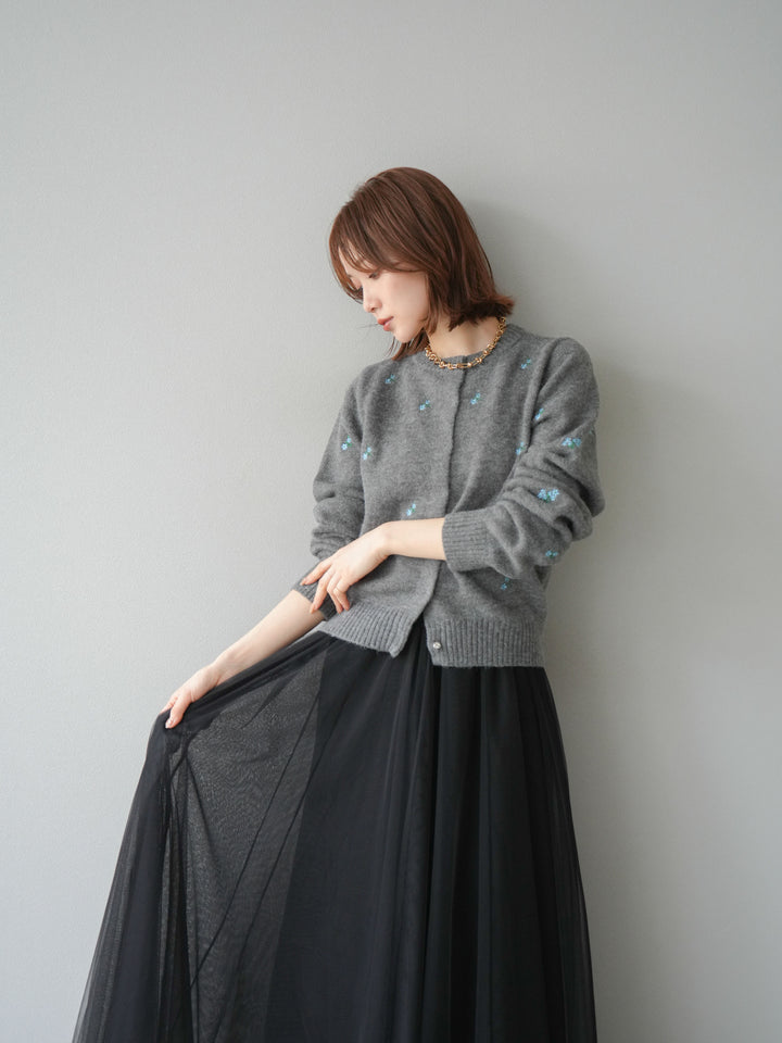 [SET]フラワー刺繍ニットカーディガン+チュールボリュームスカート(2set)