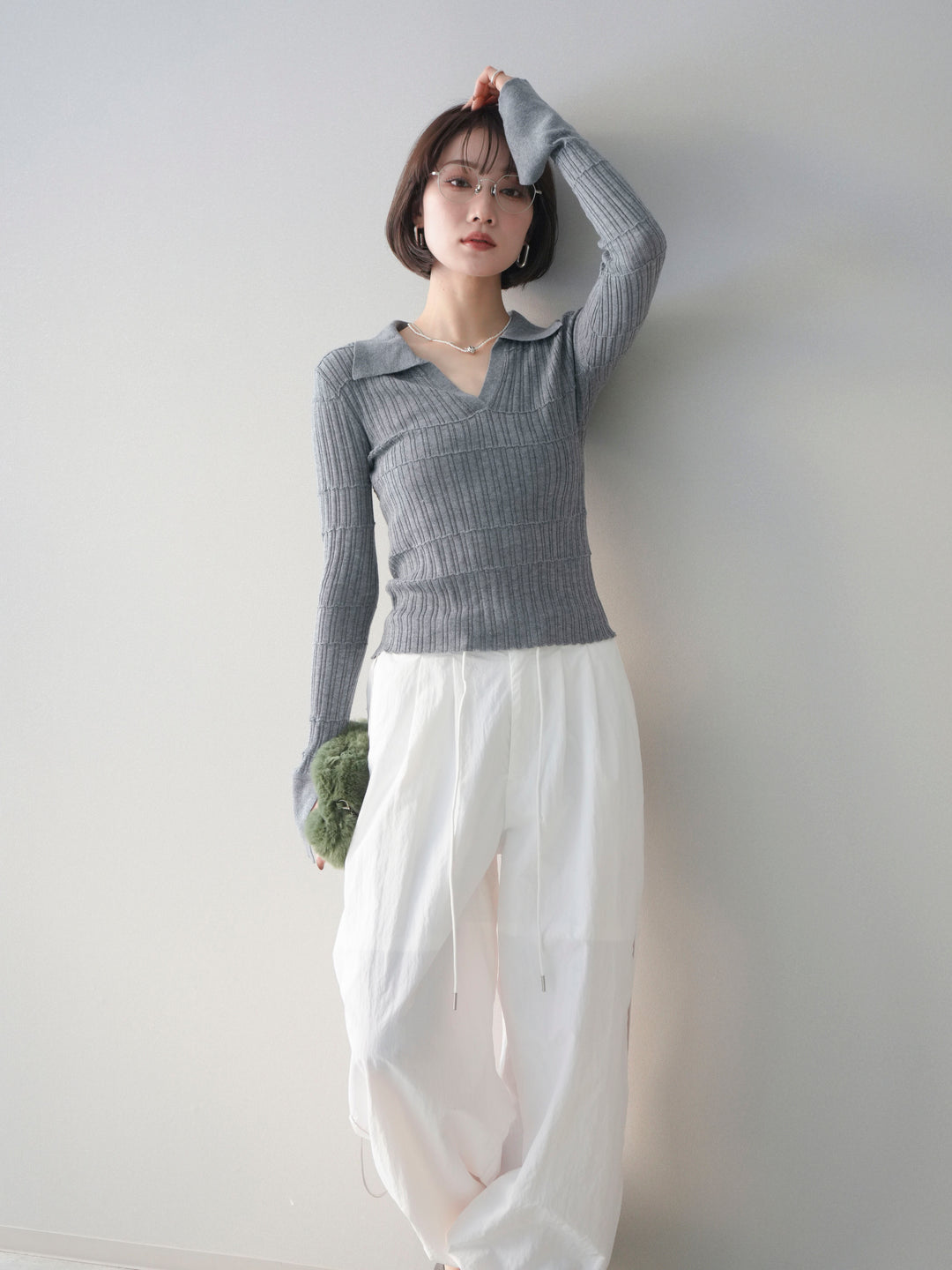 [予約]シアーリブスキッパーニットトップス/gray