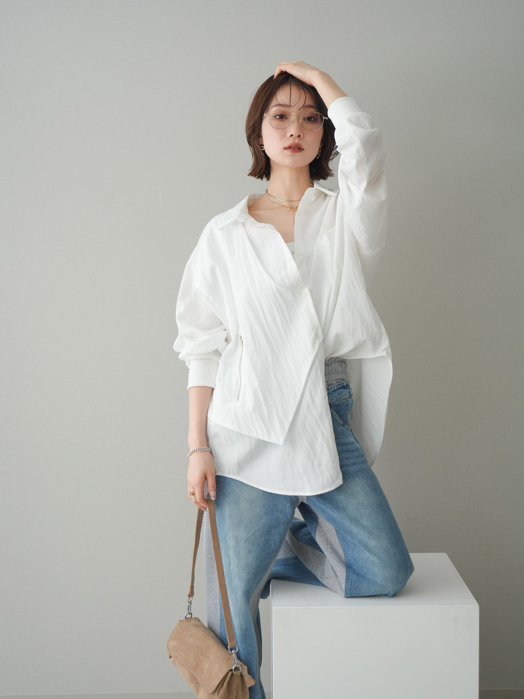 [予約]リブカフスアシンメトリーZIPデザインオーバーシャツ/offwhite