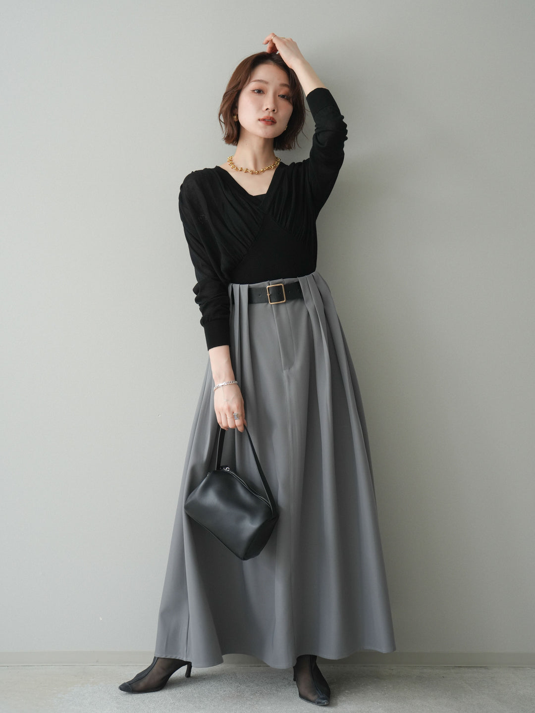 [予約]ベルトループフレアスカート/gray
