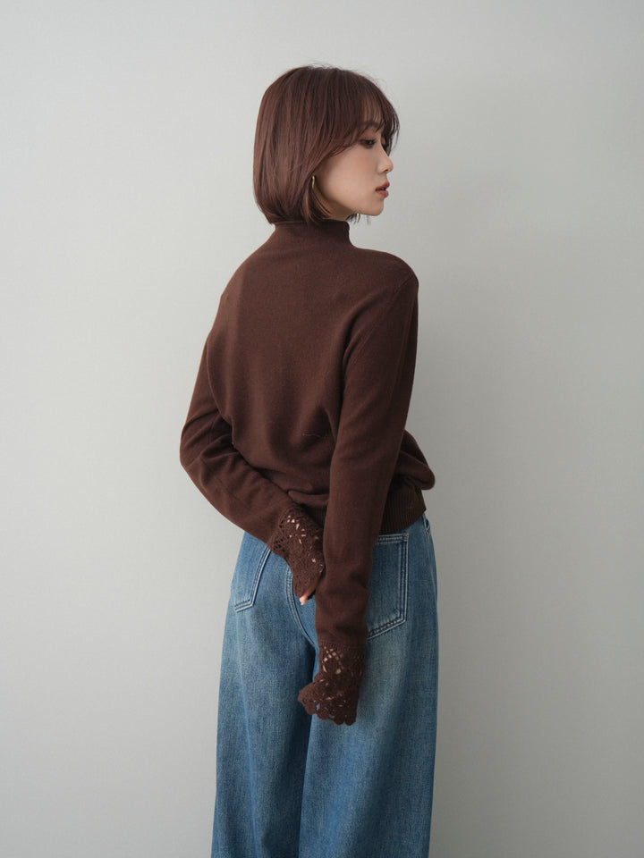 [予約]袖スカラップレースフロントボタンウールニットトップス/brown