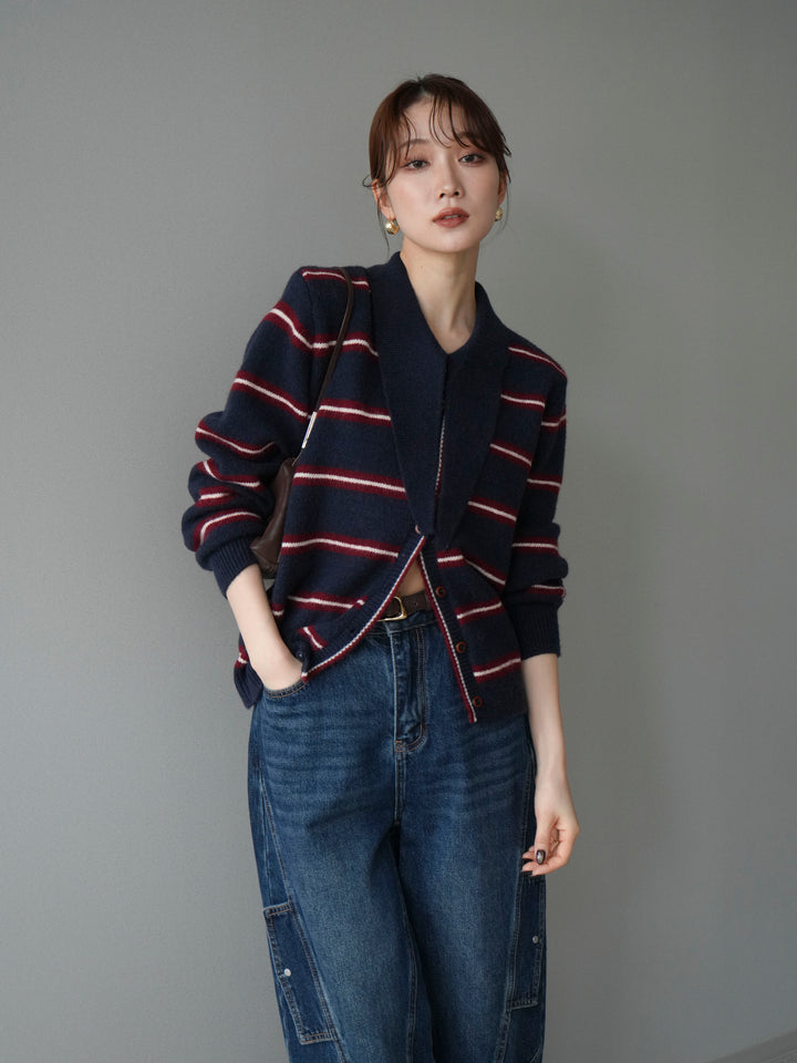 [予約]ボウタイボーダーニットカーディガン/navy