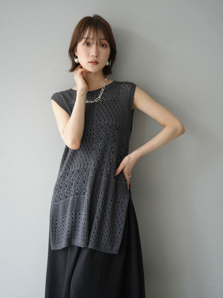 [Pre-order] Openwork side slit knit top/charcoal