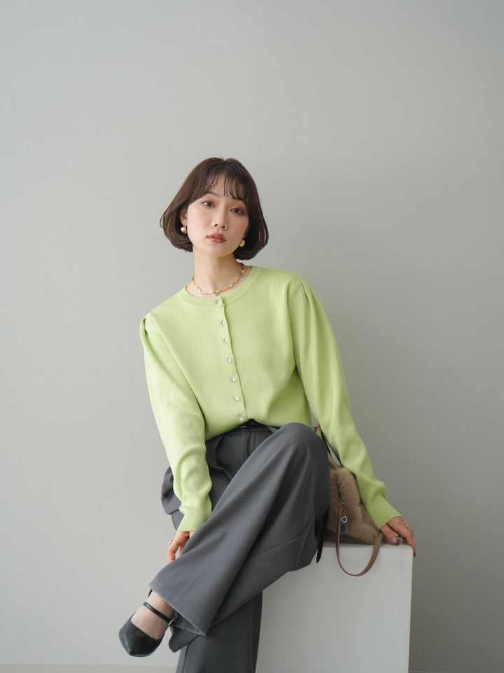 [SET]クリアボタンタックニットカーディガン+ベルトループデザインワイドパンツ(2set)