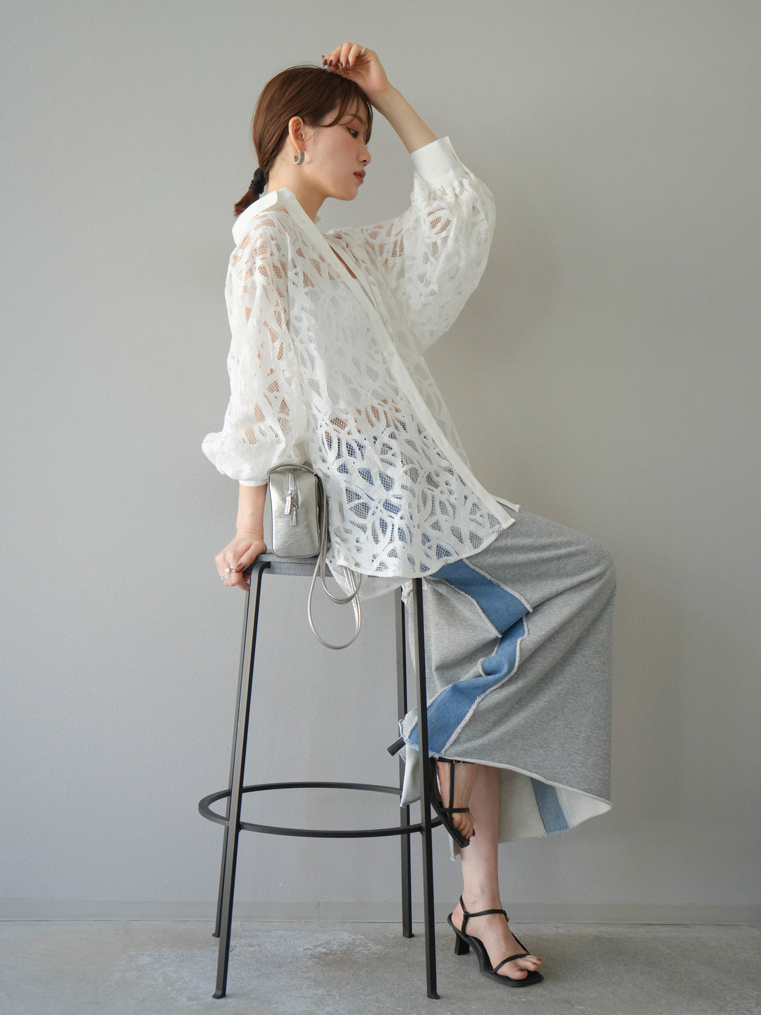 [SET]コードレースオーバーシャツ+デニムドッキングスウェットスカート(2set)