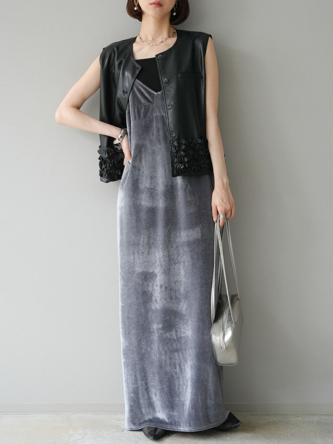 [予約]ベロアビスチェキャミワンピース/グレー