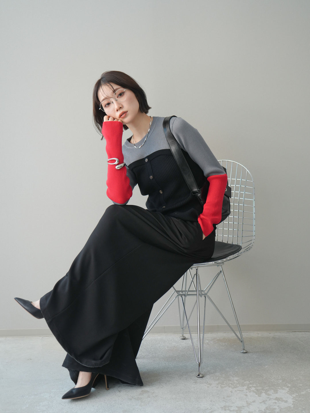 [SET]配色ビスチェドッキングリブニットトップス+選べるアクセセット(2set)