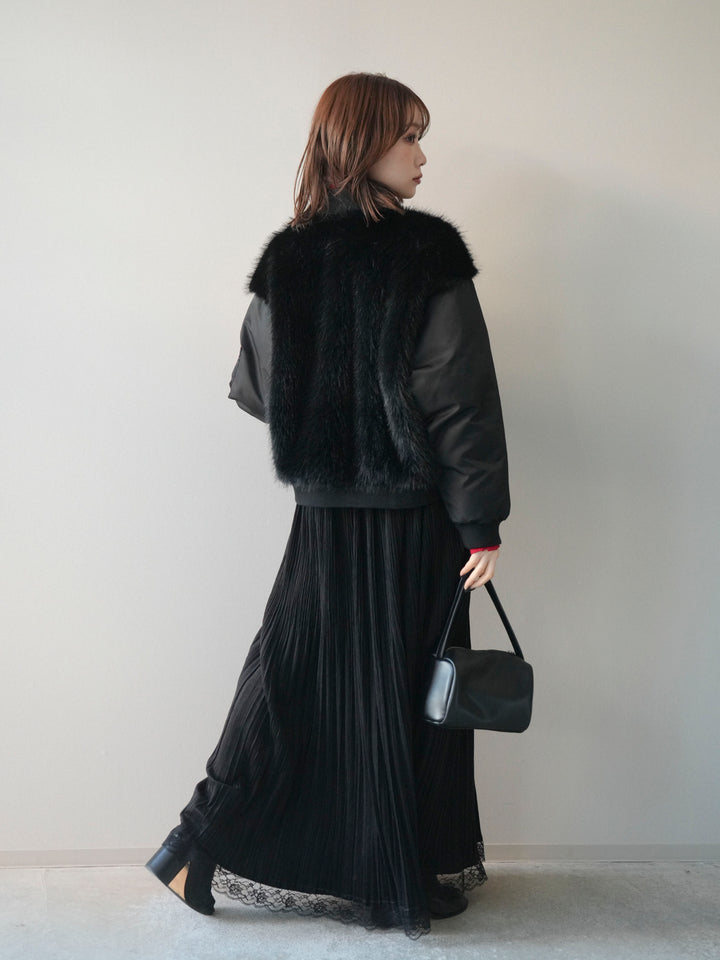 [SET]ファードッキングMA-1+袖ボタンボトルネックリブニットトップス+裾レーススウェードプリーツマキシスカート(3set)