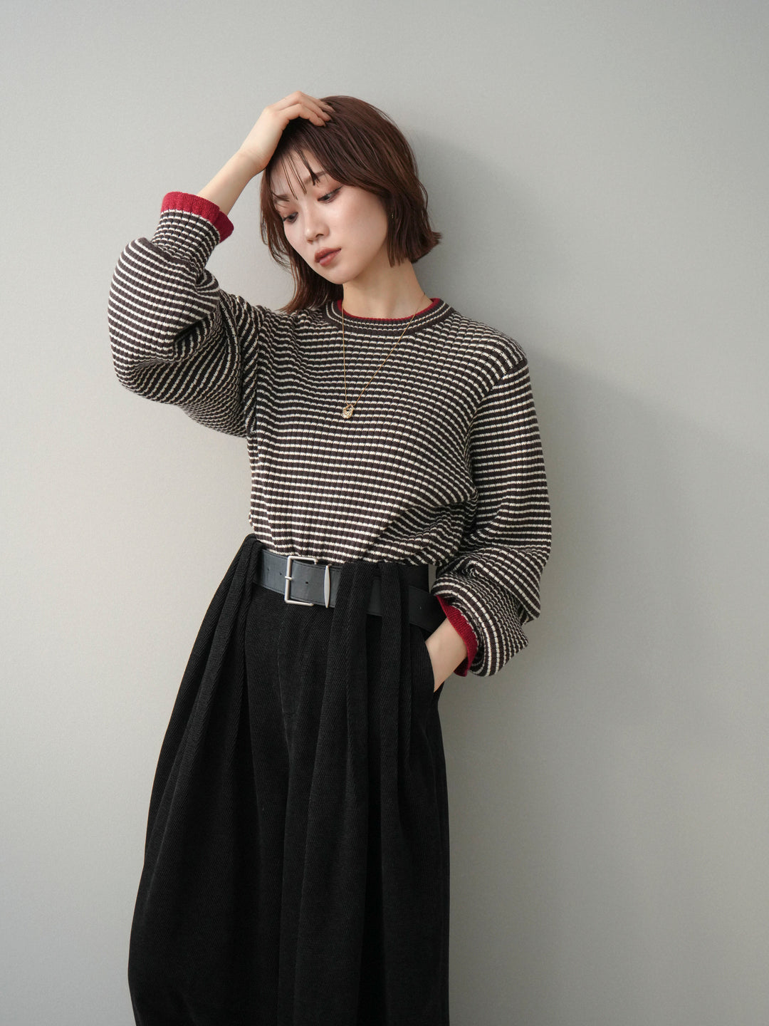 [予約]ラメ異素材ボーダーリブニットプルオーバー/brown×red