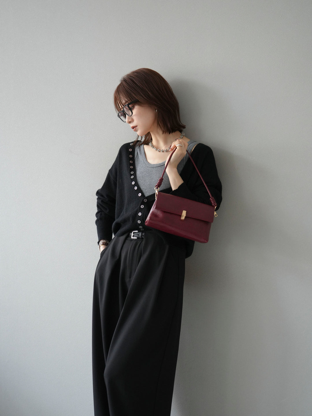 [SET]デザインボタンニットカーディガン＆タンクトップSET+ベルトループデザインワイドパンツ(2set)