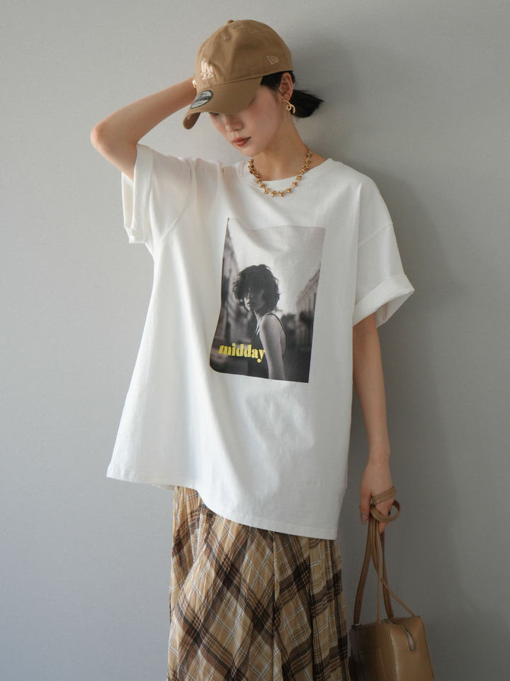 [SET]ネオンロゴフォトプリントBIG Tシャツ+シアーチェックアシンメトリーワッシャースカート(2set)