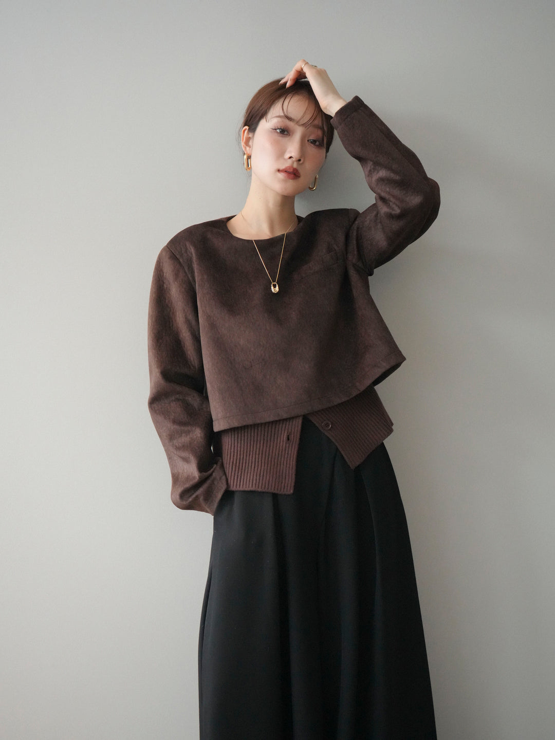 [予約]リブニットレイヤードスエードプルオーバー/brown