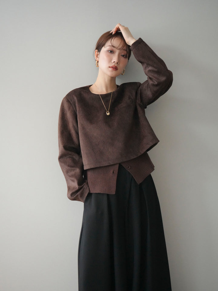 [予約]リブニットレイヤードスエードプルオーバー/brown