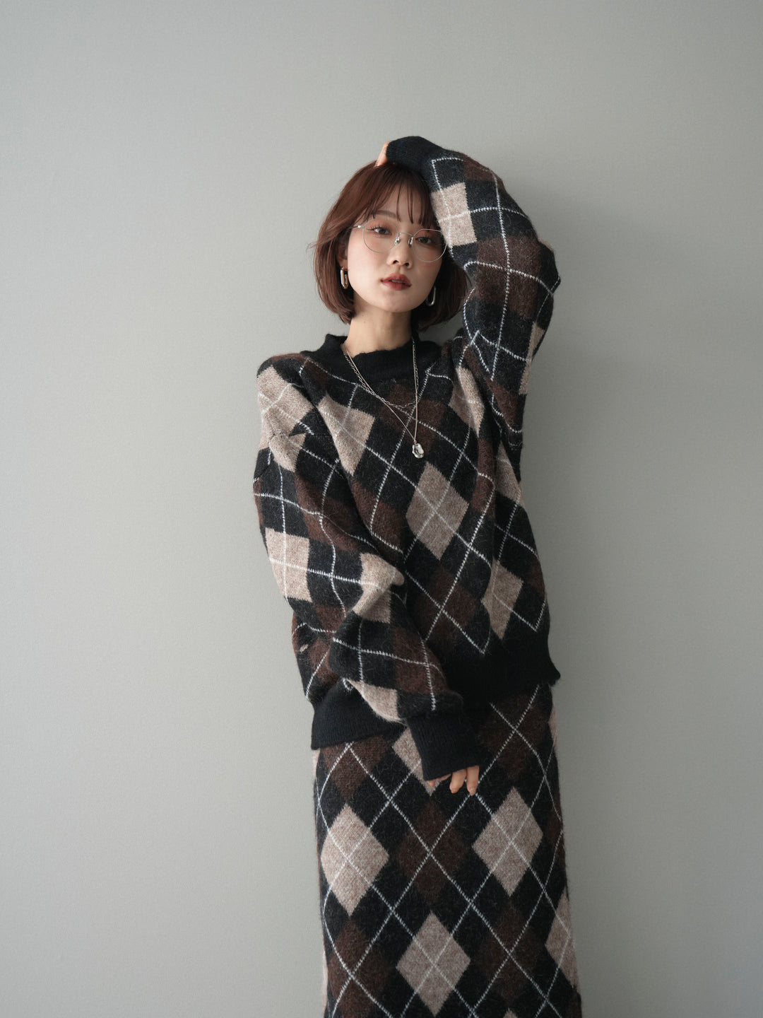 [SET]アーガイルニットプルオーバー&ロングスカートSET UP+選べるアクセセット(2set)