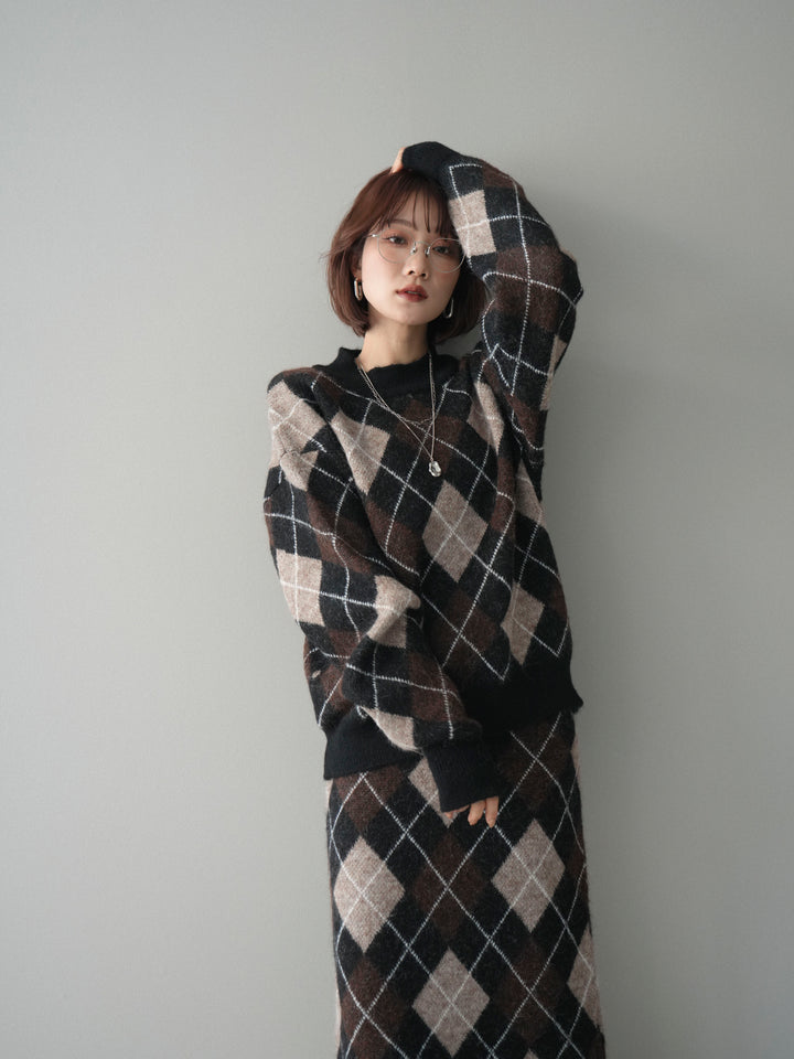 [SET]アーガイルニットプルオーバー&ロングスカートSET UP+選べるアクセセット(2set)