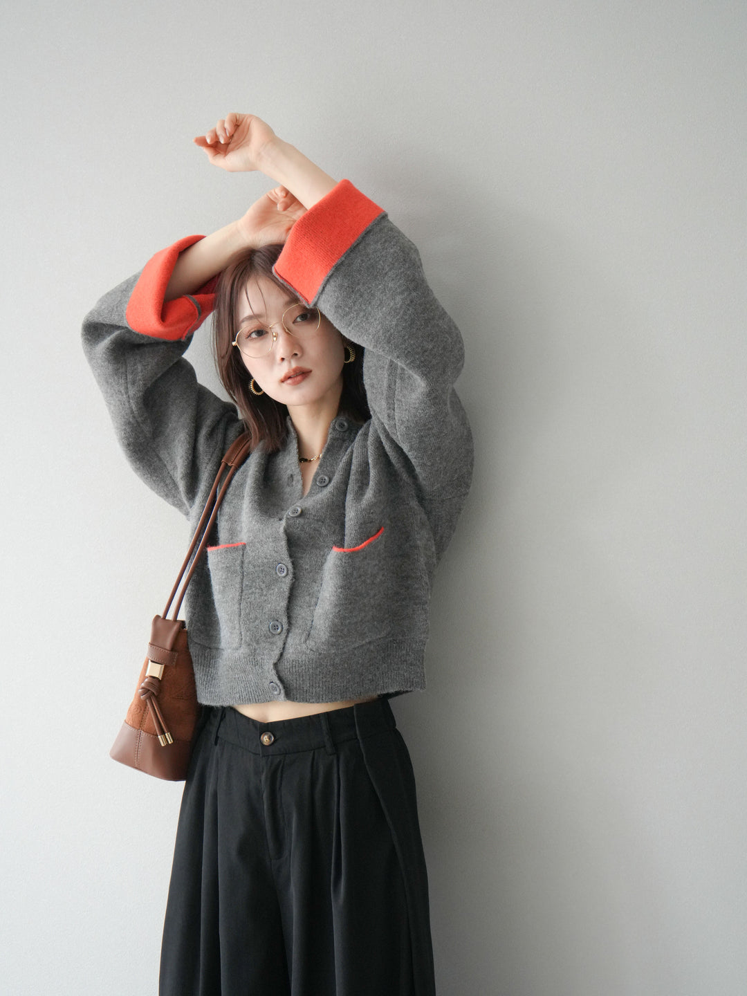 【SET】雙色針織開襟衫+褶襉設計寬褲（2套）