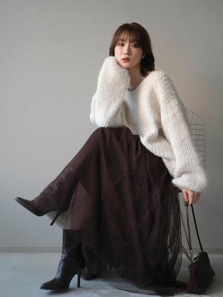 [SET]ウールタッチラメミックスヤーンVネックニットプルオーバー+チュールボリュームスカート(2set)