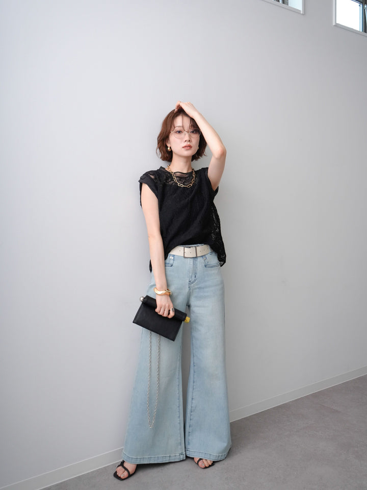 [予約]スカラップヘムレーストップス/black