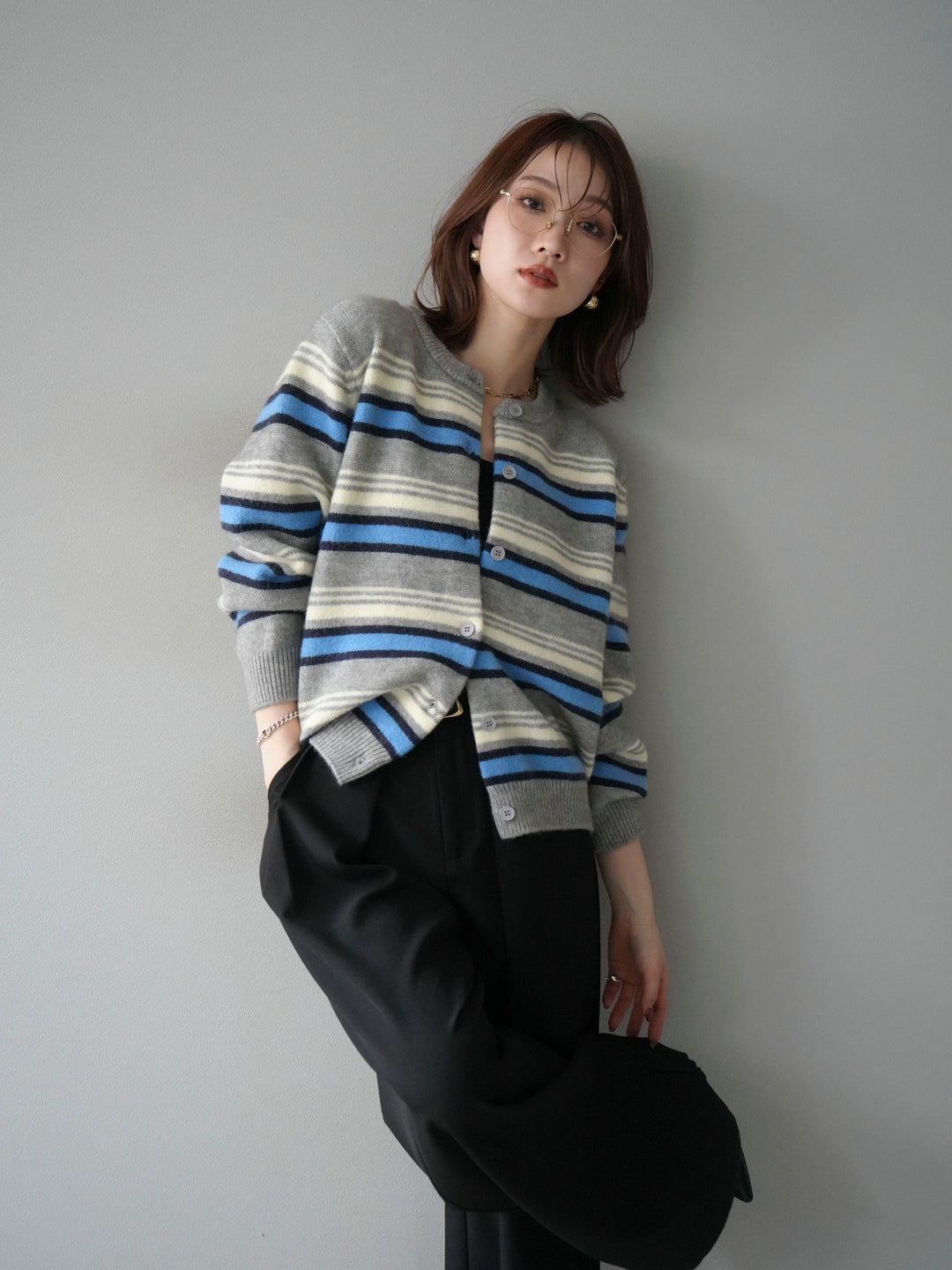 [SET]マルチボーダーニットカーディガン+選べるアクセセット(2set)