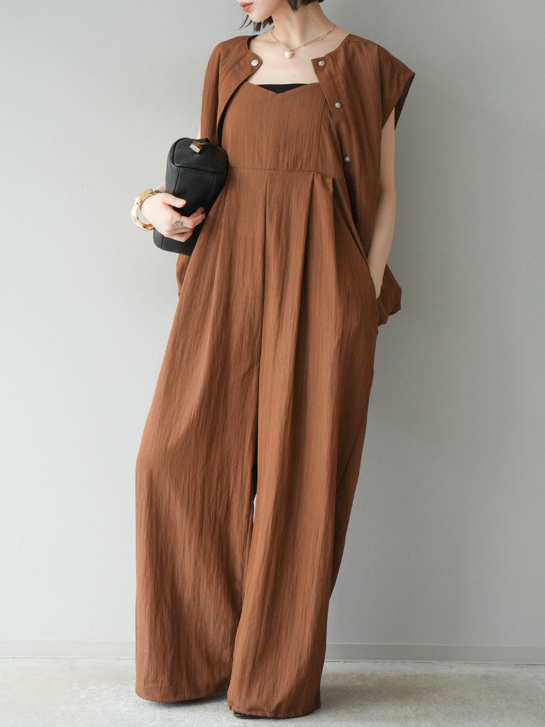 [SET]リネンライクビスチェデザインサロペット+リネンライクドロストバルーンブルゾン(2set)