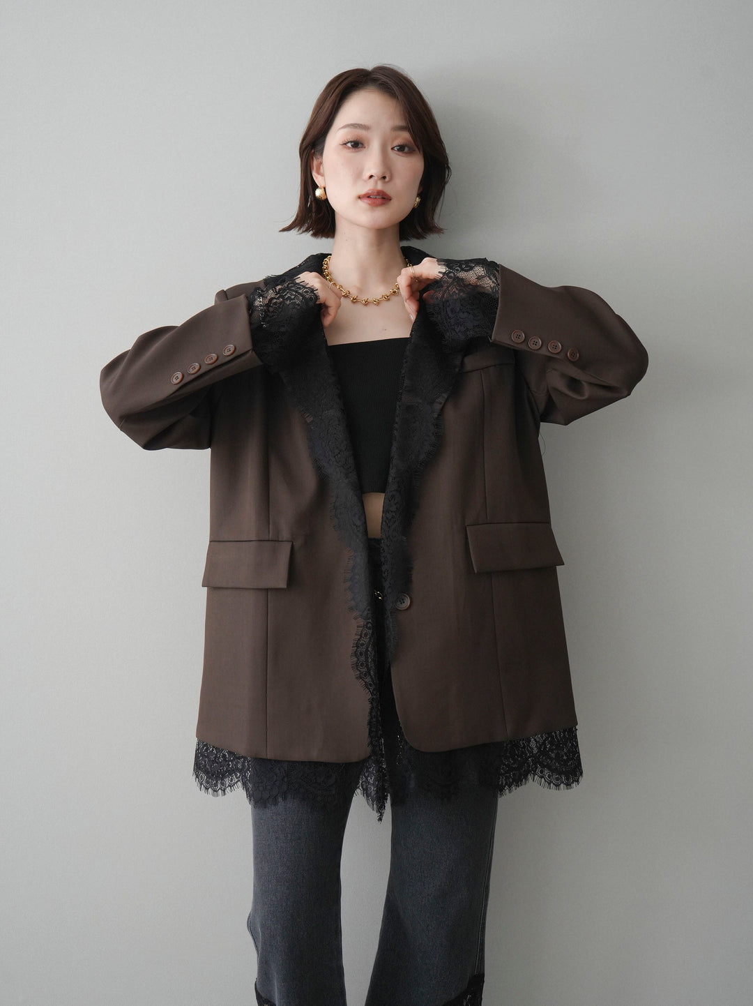 [予約]レースドッキングオーバージャケット/brown