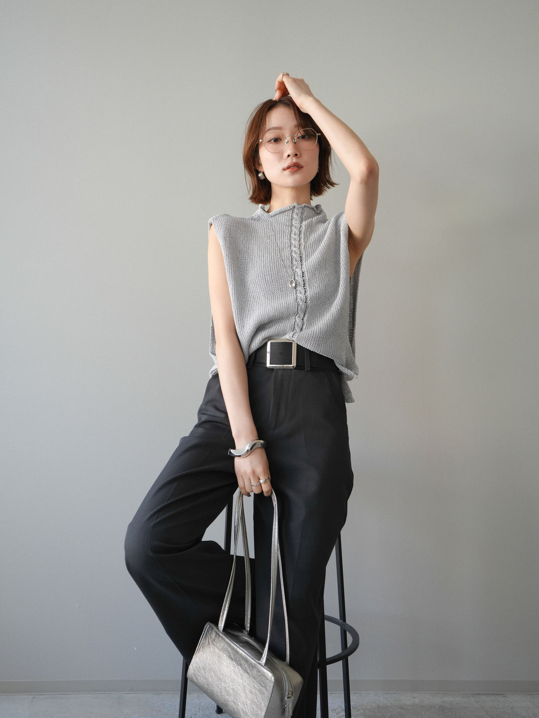 【套裝】開襟針織上衣+銀色搭扣垂褶闊腿褲（兩件套）