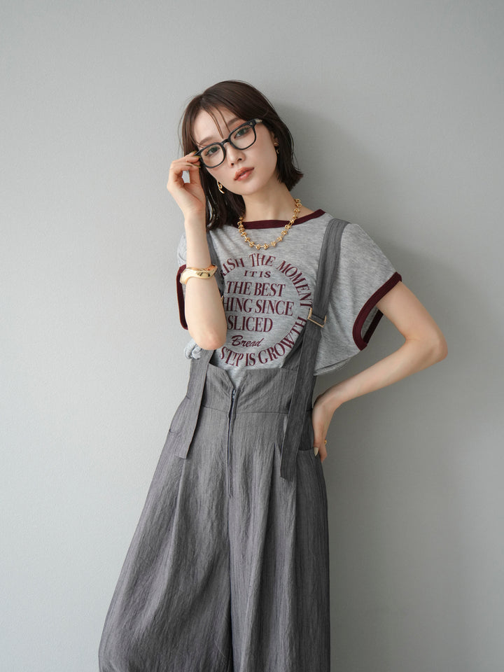 [SET]ストリングデザインハイウエストサロペット+シアーフライス ロゴプリントT (2set)