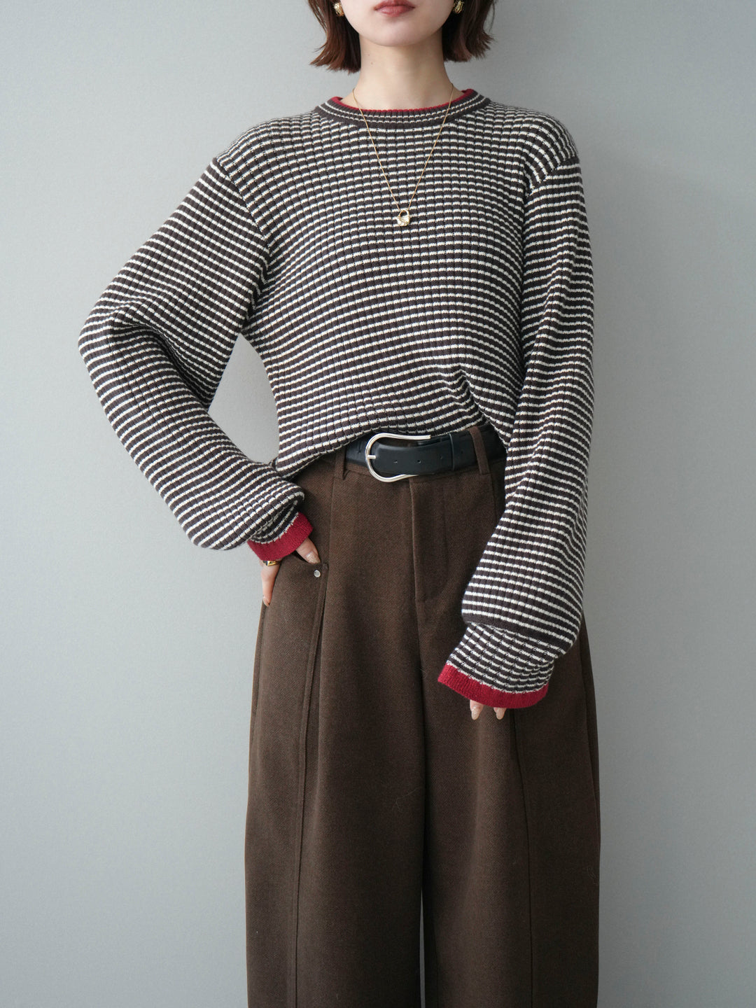 [予約]ラメ異素材ボーダーリブニットプルオーバー/brown×red