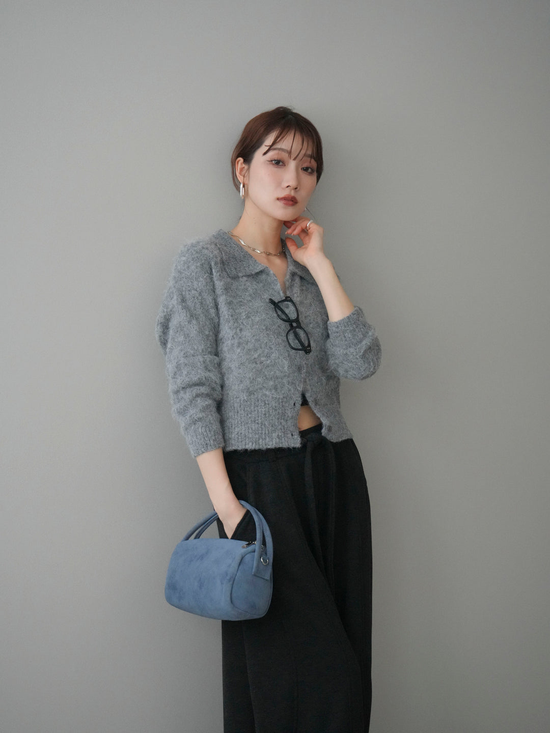 [予約]モヘア衿付きボタンプルオーバー/charcoal