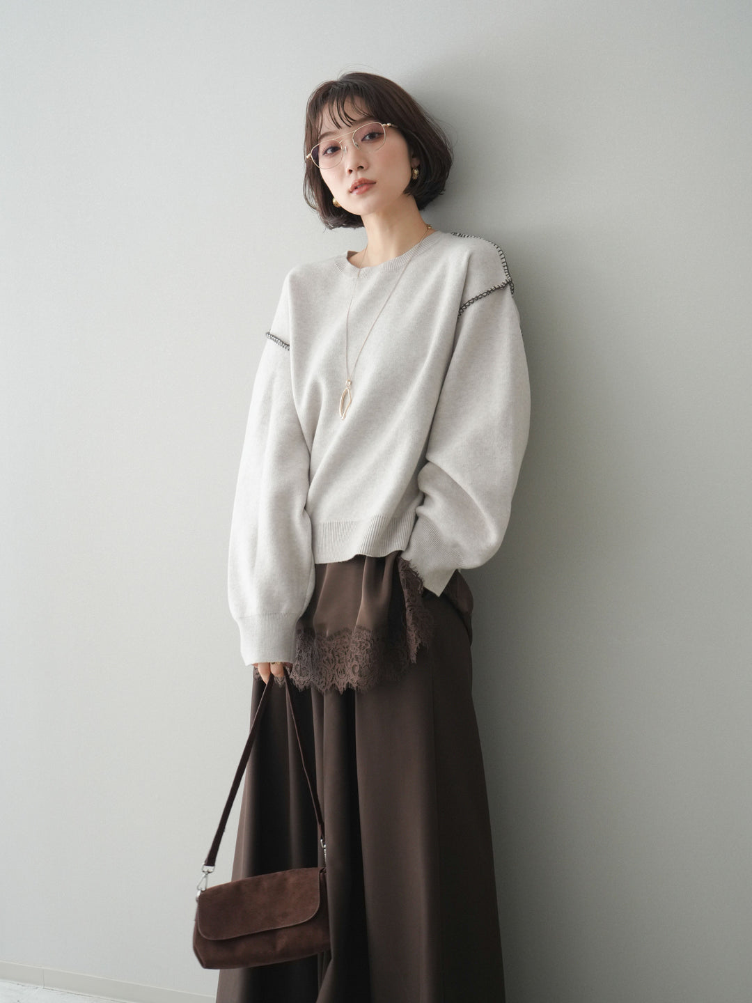 [SET]バックロゴ刺繍配色ステッチニットプルオーバー+選べるアクセセット(2set)