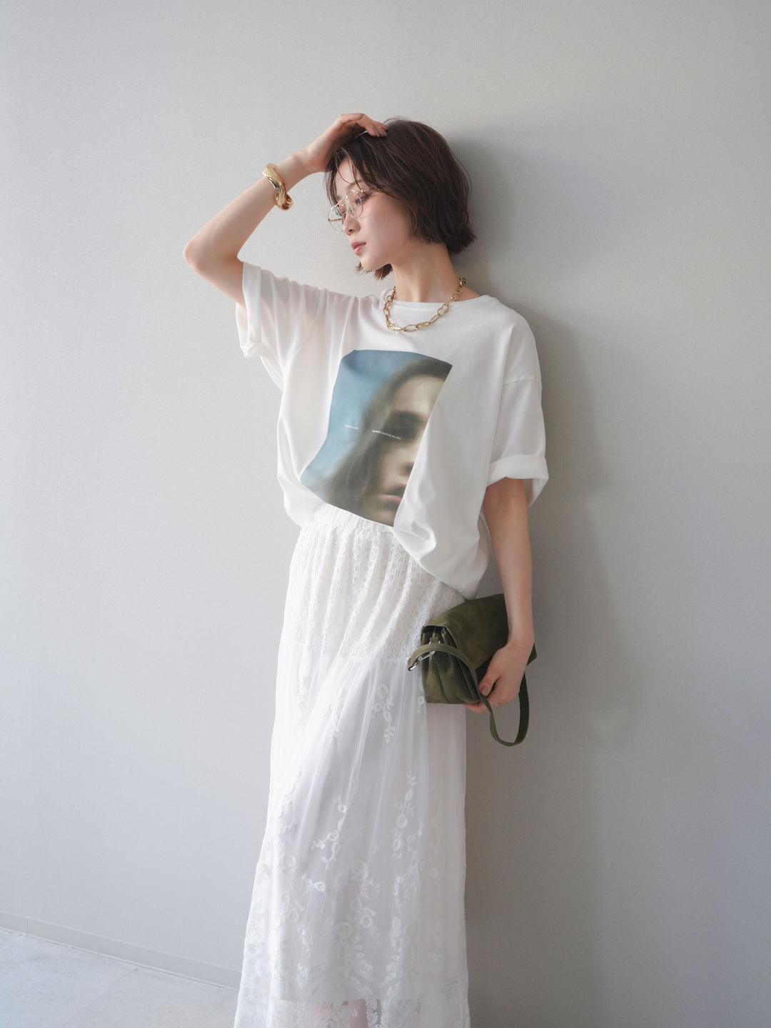 [SET]ブラーアートフォトTシャツ+シアーレースマキシスカート(2set)