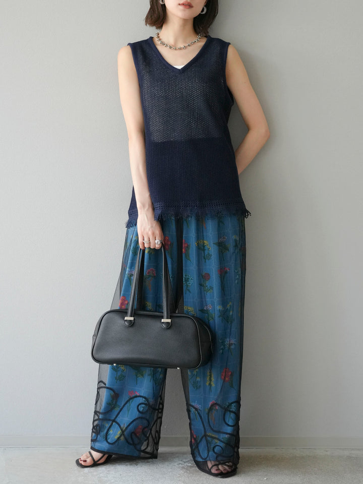 [予約]裾フリンジVネックニットタンクトップアンサンブル/ネイビー