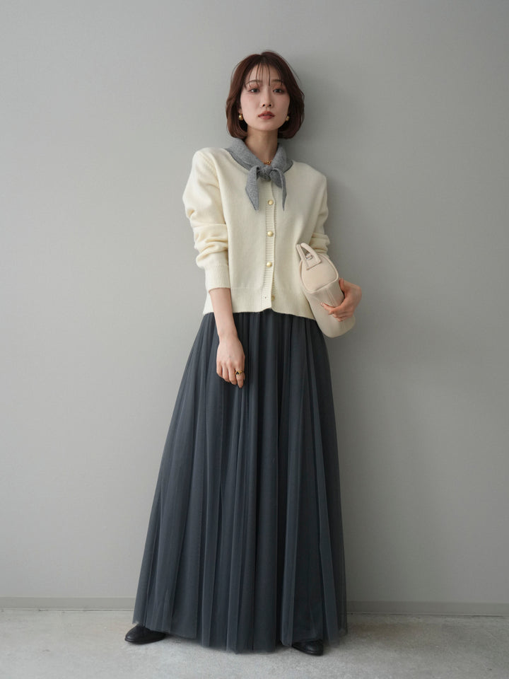 [SET]デザイン襟ニットカーディガン+チュールボリュームスカート(2set)