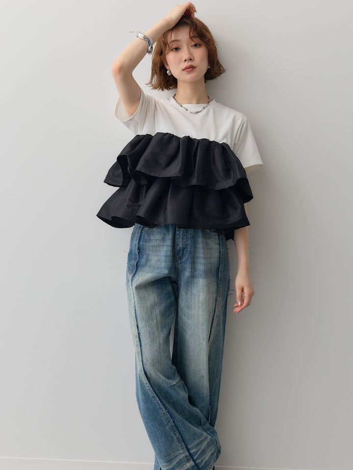 [SET]フリルティアードTEE+縦ウォッシュワイドデニムパンツ(2set)