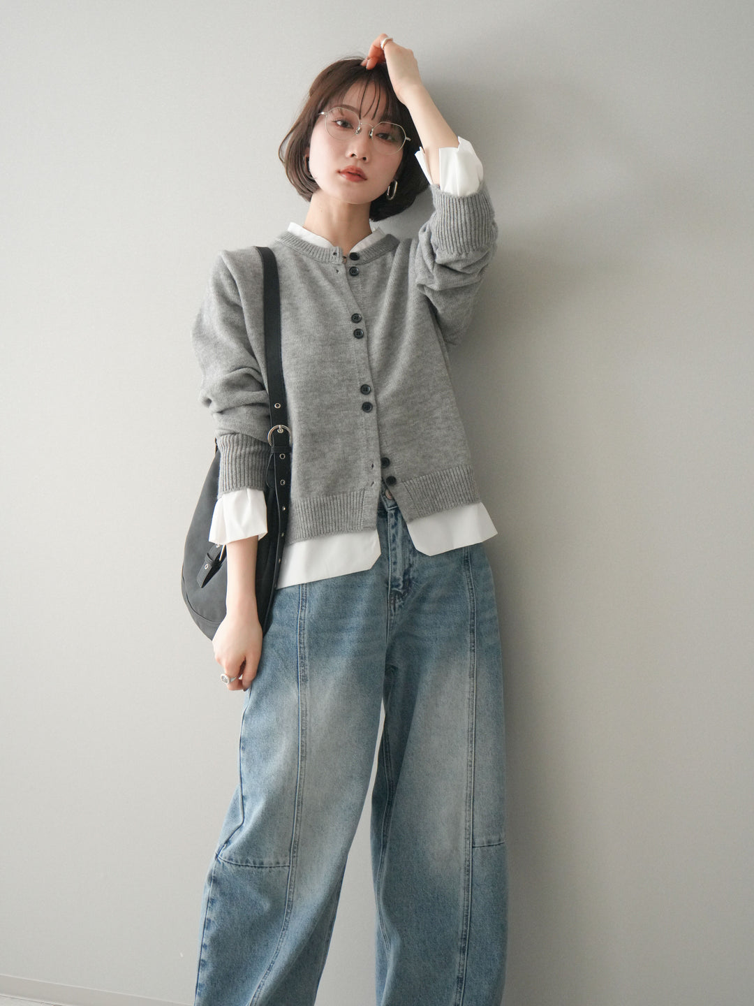 [SET]布帛ドッキングニットカーディガン+ガーメントウォッシュカーブデニムパンツ(2set)