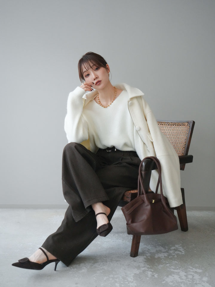 [SET]ウールライクフライトジャケット+シュシュ付きアンゴラタッチVネックニットプルオーバー(2set)