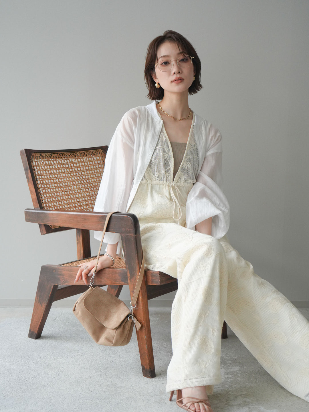 [SET]レース刺繍サロペット+ドロストシアーブルゾン(2set)