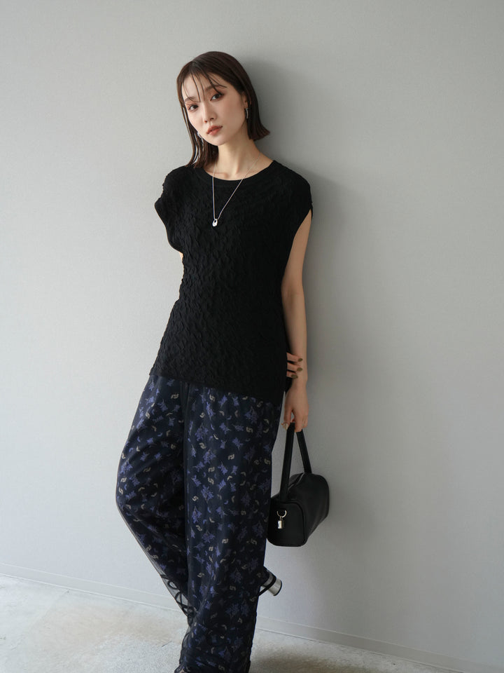 [SET]ポコポコノースリーブニットプルオーバー+コード刺繍チュールレイヤードパンツ(2set)