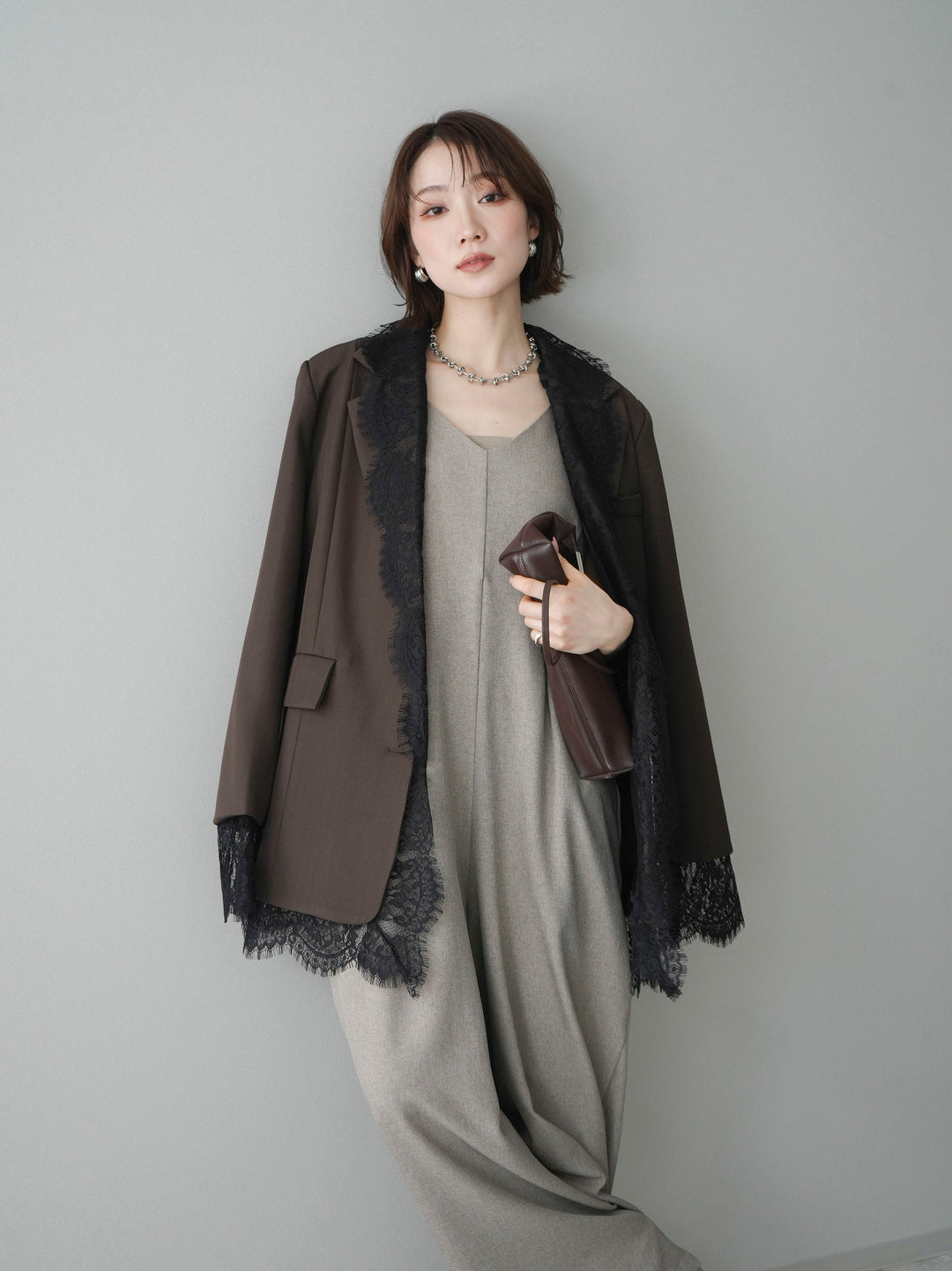 [予約]レースドッキングオーバージャケット/brown