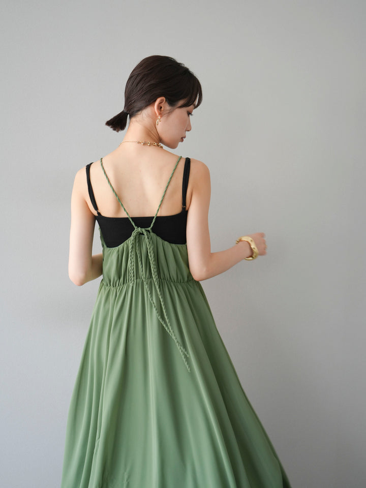 [SET]編み込みデザインシフォンワンピース+カップ付テレコリブベアキャミソール(2set)